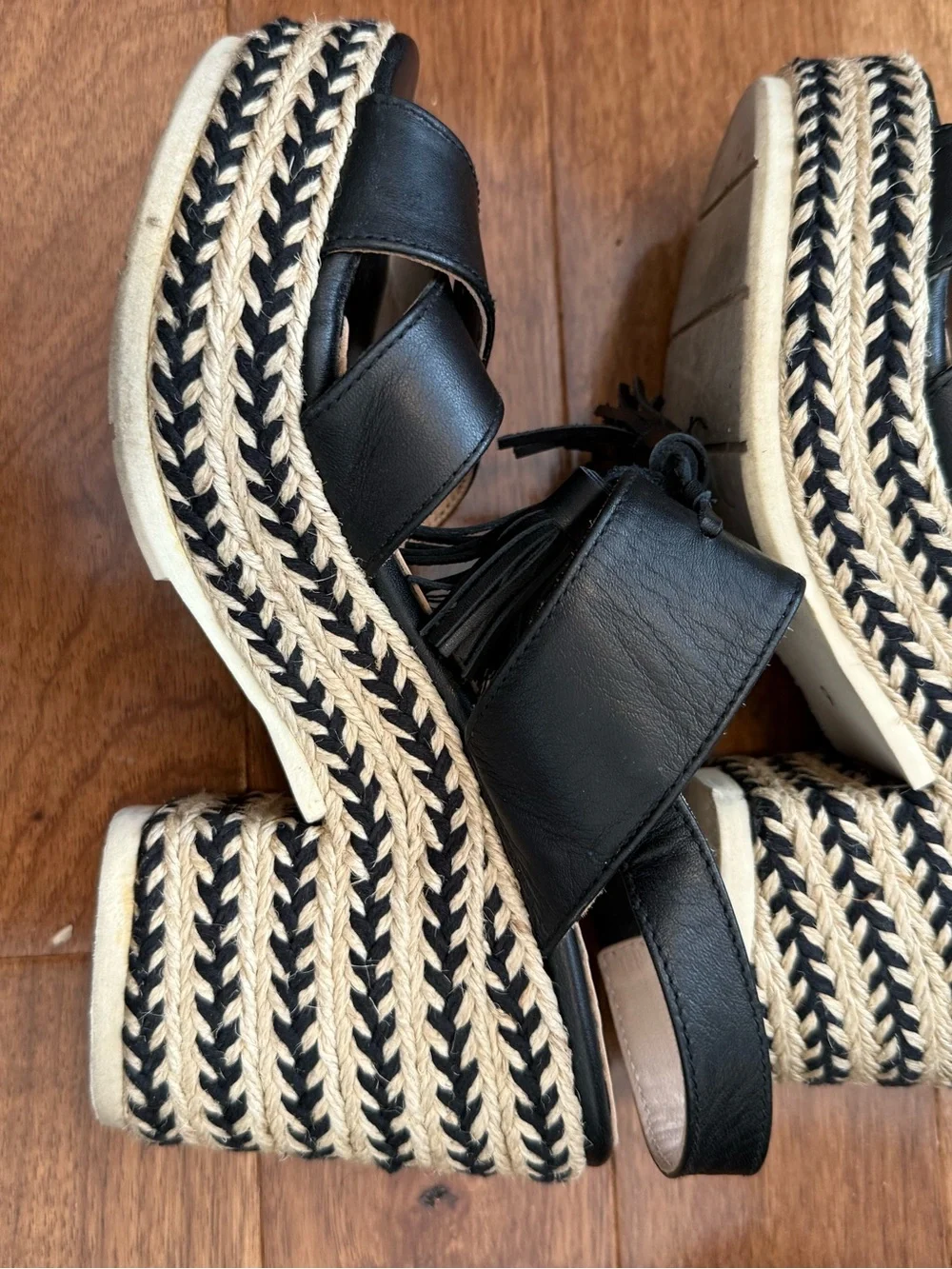 Franco Sarto Black Tassel Espadrille Wedge Sandals size 9